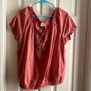 Sonoma Woman 1X Peasant top Coral Pink with embroidery motif